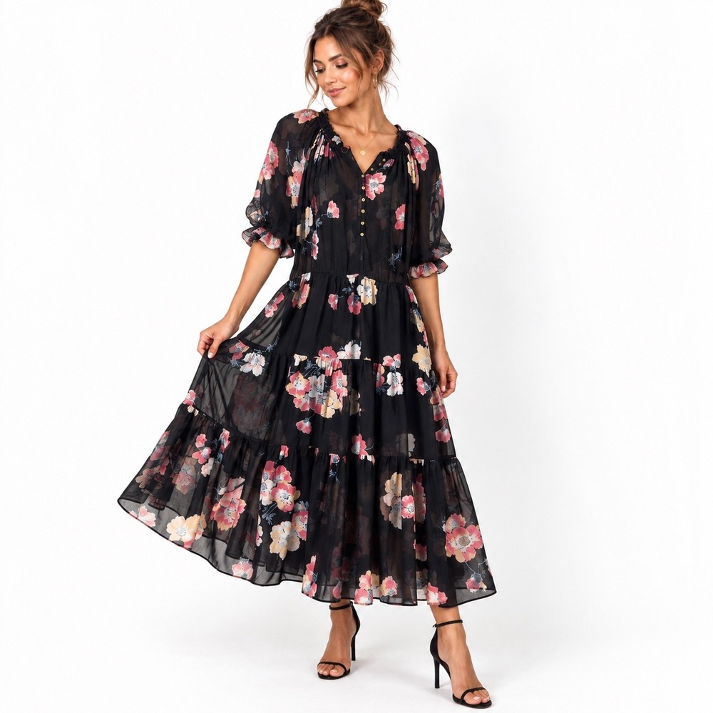Ulla Johnson Carmen Watercolor Floral 100% Silk Midi Dress Noir Boho Flowy Sz 4